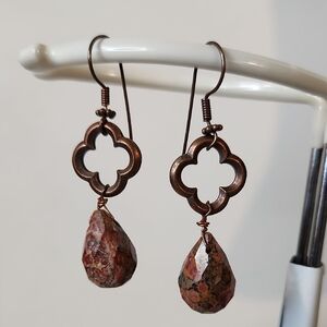 Copper Clover Drop Earrings with Red-Brown Jasper Teardrops 🔥